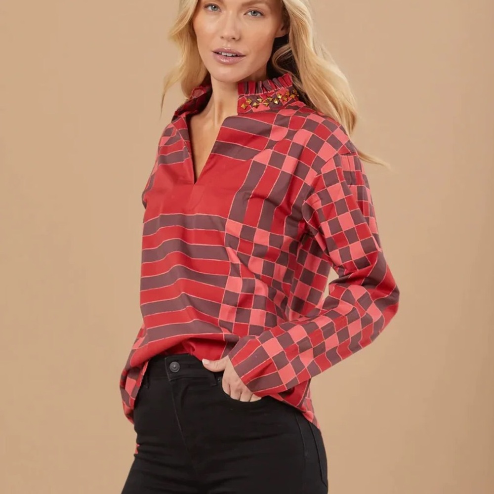 Sheridan French Liv Blouse in Red Brown Gingham Women's Size Small Top